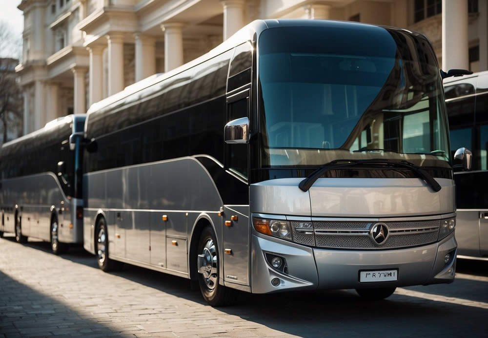 A row of sleek, modern luxury buses parked in front of a grand hotel, ready to transport a large corporate group